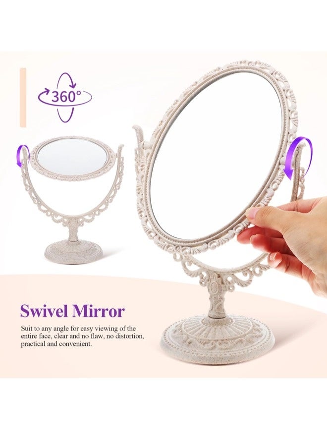 شيبشيب مرآة زينة بيضاوية الشكل توضع على الطاولة، مرآة ماكياج بيضاوية عتيقة قابلة للدوران بزاوية 360 درجة، مناسبة للنساء للسفر وغرفة النوم، باللون البيج - Image 4